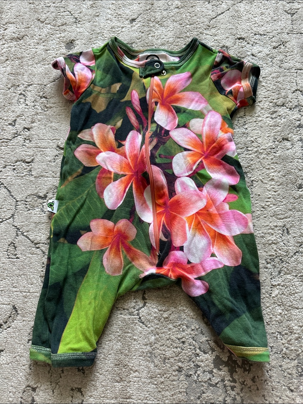 Green Floral Babies One-Piece Romper with Pink Plumeria Print
